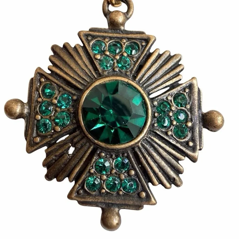 Vintage Maltese Cross Emerald Rhinestone Drop Brooch